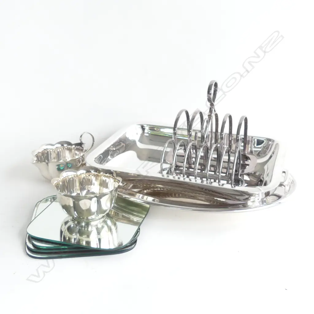 SILVER PLATE; 2 TOAST RACKS, BOWL & JUG, 2 SERVING DISHES + 4 MIRROR DISPLAY BOARDS Image 1++