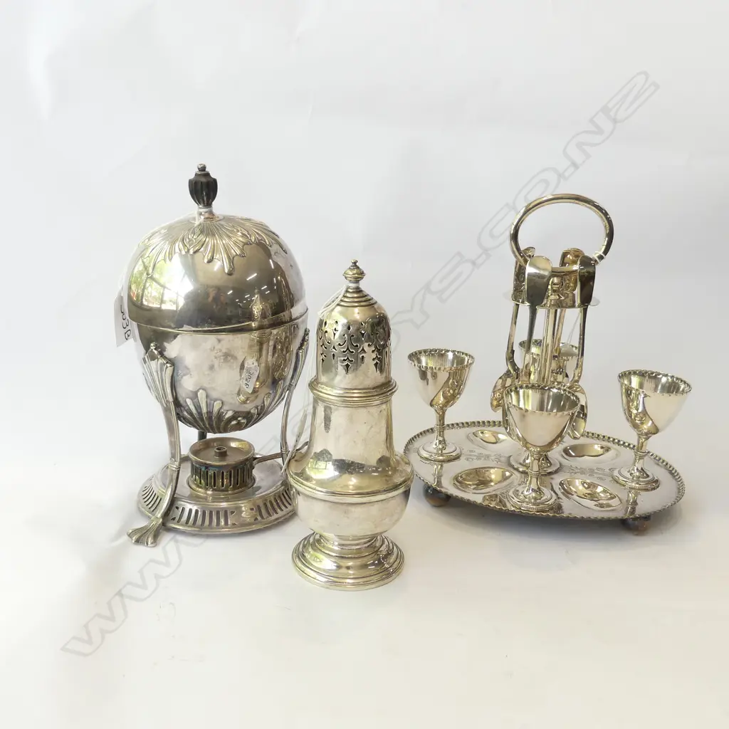 VINTAGE SILVER PLATE; SUGAR SIFTER (H 175MM) EGG CUP HOLDER & SPOONS & ANTIQUE EGG CODDLER / WARMER Image 1++