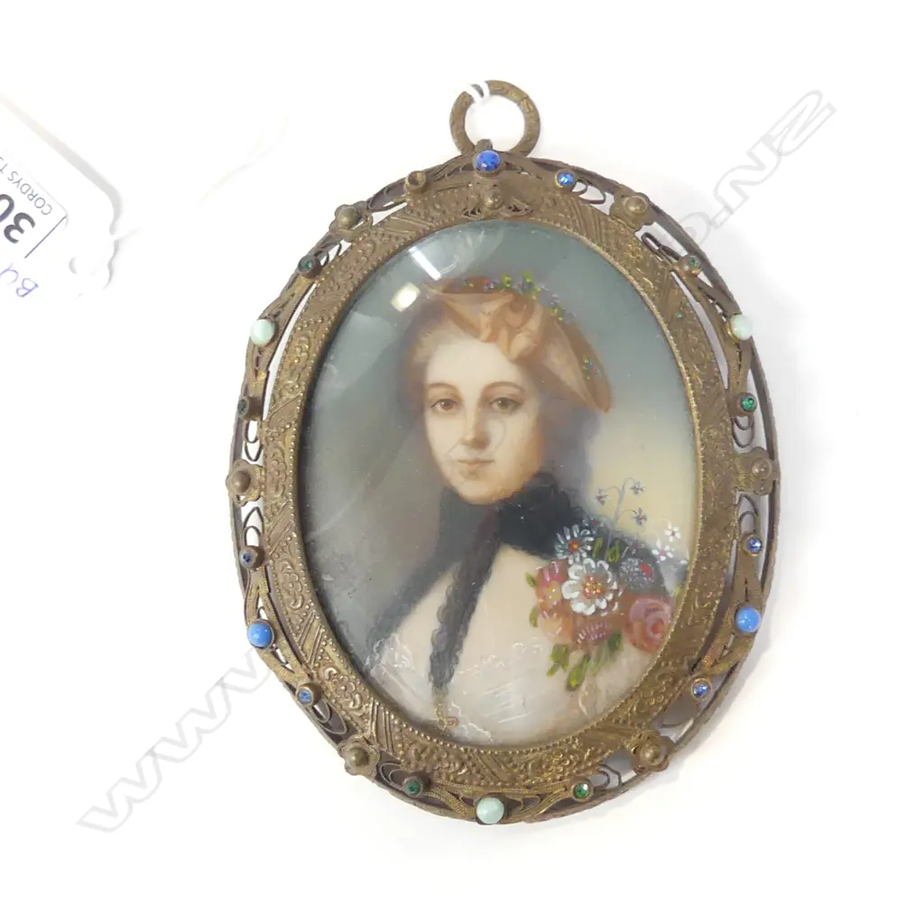 SM  GILT FRAMED CERAMIC PORTRAITURE OF LADY. FRAME STUDDED WITH STONES (110 X 95MM) Image 1++