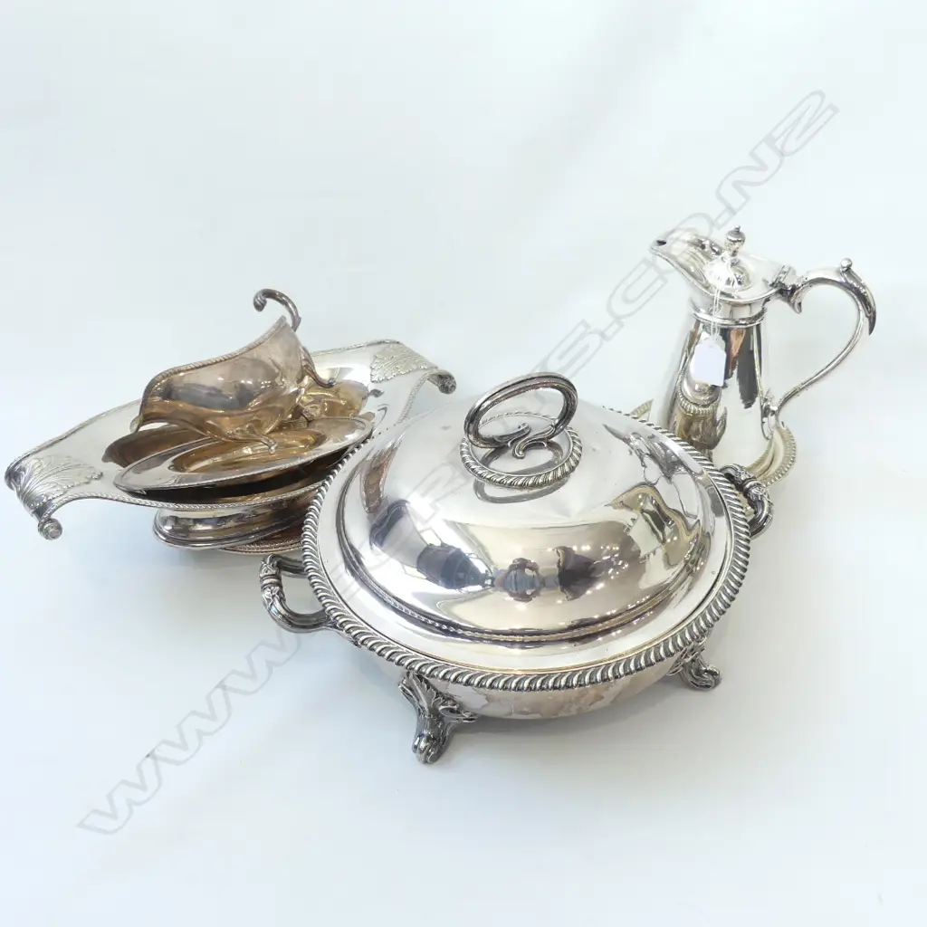 8 PCES ASST. SILVER PLATE / OLD SHEFFIELD PLATE; LGE TUREEN 300mm dia, JUG, WINE COASTER, DISH, SAUCE BOAT & PLATE ETC Image 1++