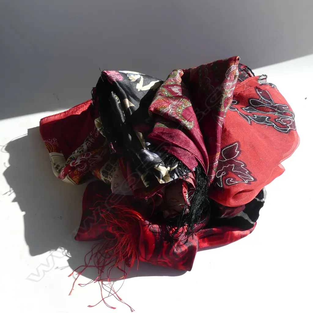 10 ASST. RED & BLACK SCARVES; MOST SILK Image 1++
