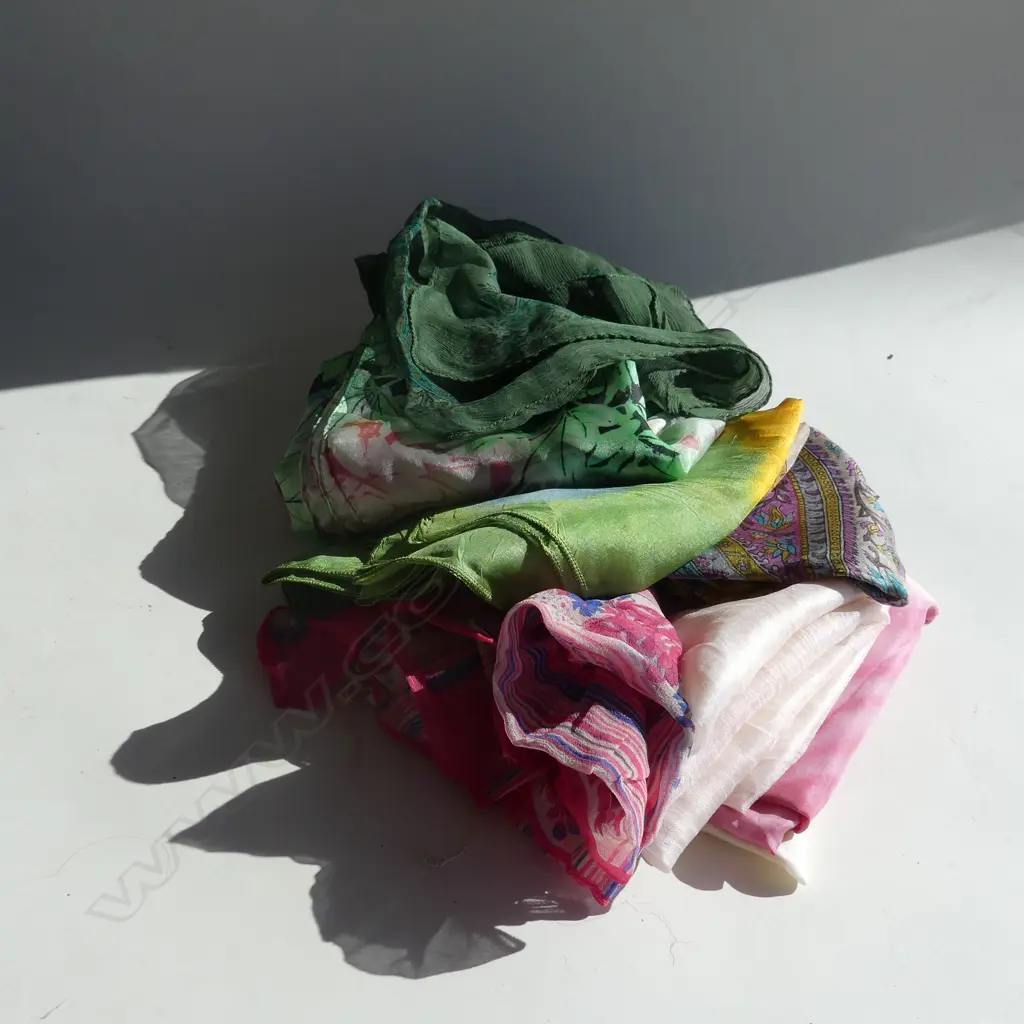 9 ASST. PINK & GREEN SCARVES; MOST SILK Image 1++
