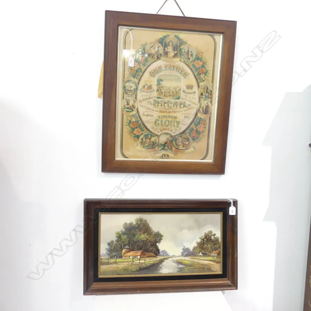2 ARTWORKS; SIGNED EURO LANDSCAPE OIL 245x490 + RELIGIOUS PRINT; LORDS PRAYER 390x490mm Image 1++