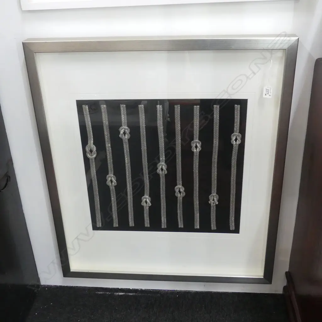 CONTEMPORY FRAMED DISPLAY OF KNOTTED WOVEN SILVER ROPES Image 1++