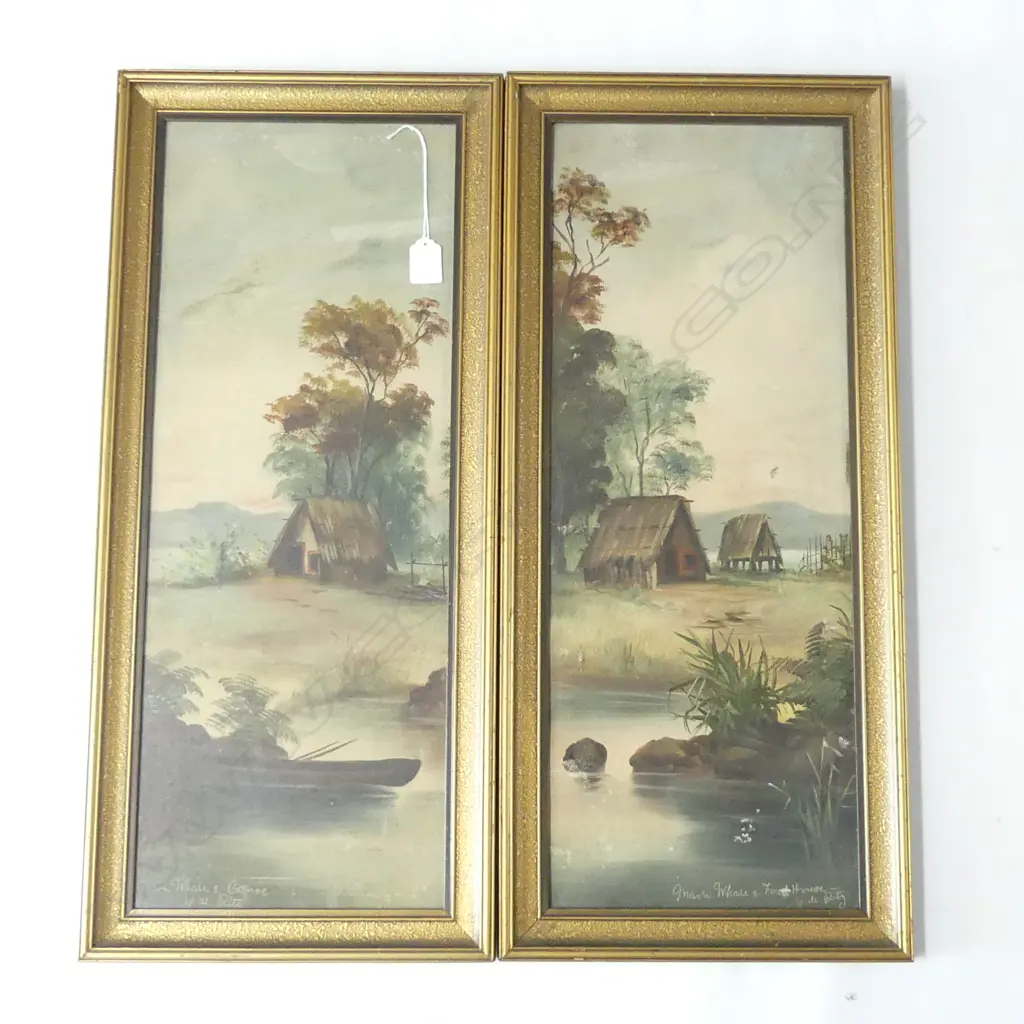 (19802) PR CARL DE RITZ NZ COLONIAL OIL PAINTINGS 'MAORI WHARE & CANOE' 600x230mm +... Image 1++