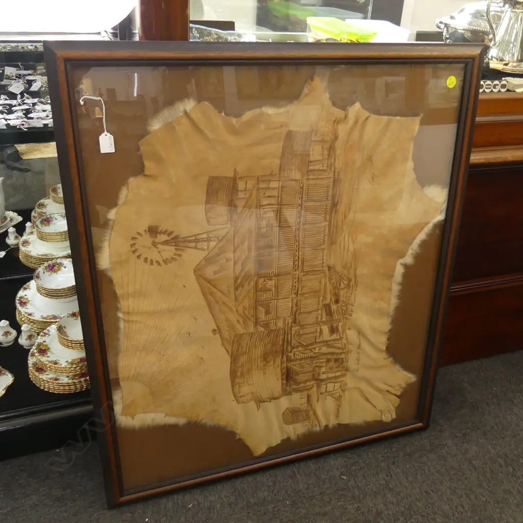 TERRY SALEH 'THE OUTBACK HOMESTEAD' FRAMED ANIMAL HIDE ARTWORK 800x940mm Image 1++