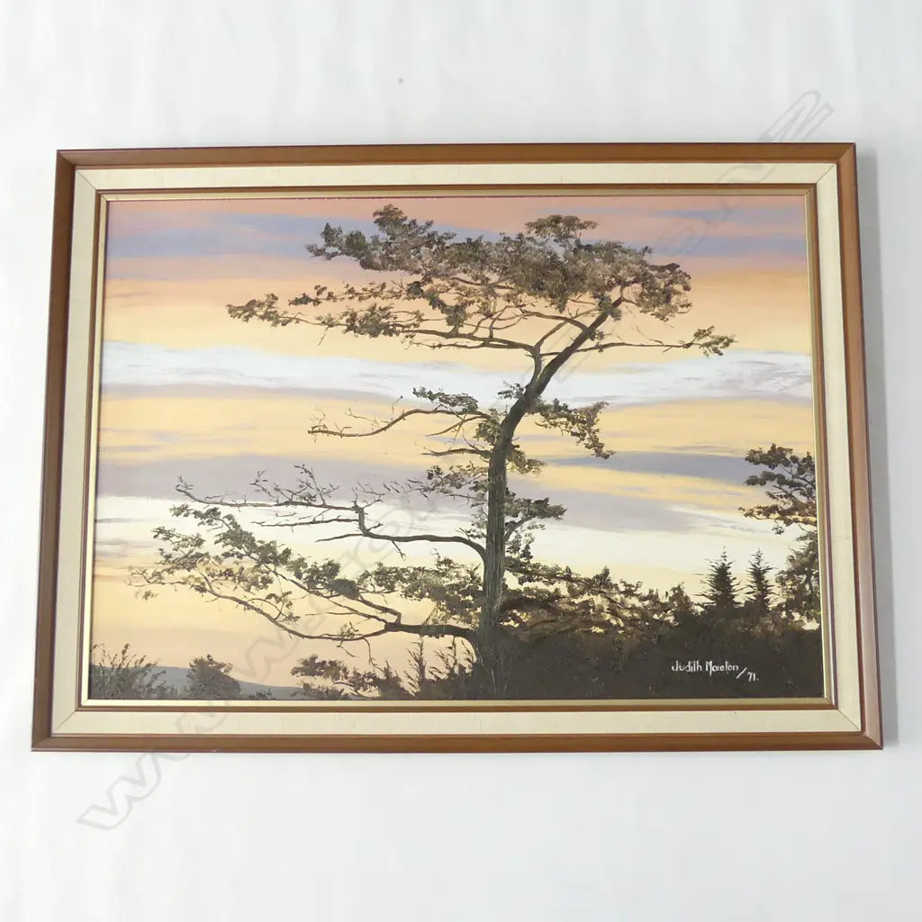 OIL ON BOARD BY JUDITH MORETON 'TE AROHA SKIES' SIGNED & DATED '71 H. 525 x 730mm Image 1++