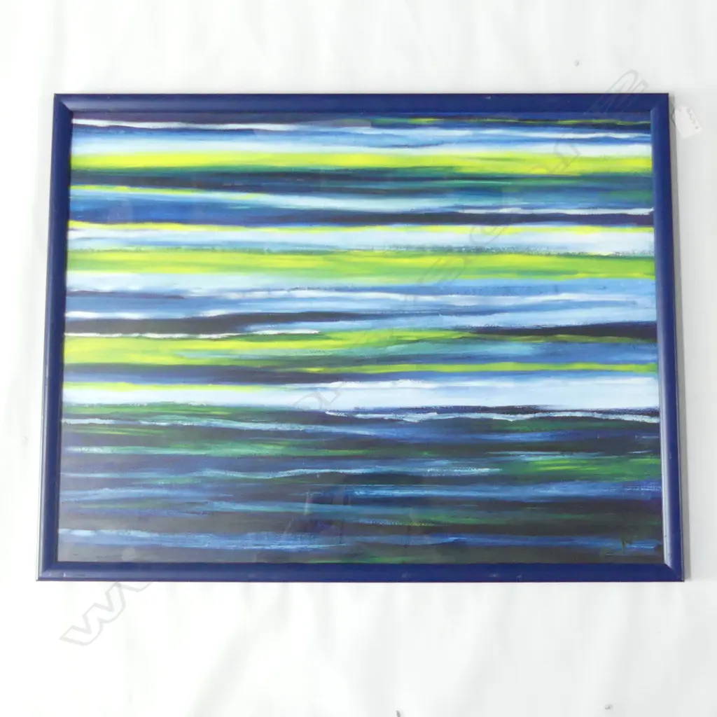 MODERNIST OIL BLUE WHITE YELLOW STRIPS H. 490 x 640mm Image 1++