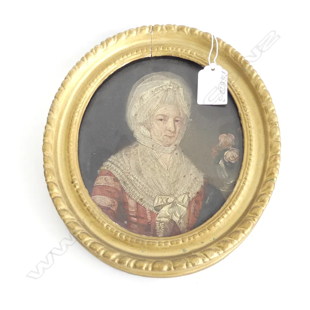 ANTIQUE SMALL OIL ON TIN  PORTRAIT WOMAN W LACE COLLAR & BONNET 210 x 180mm Image 1++