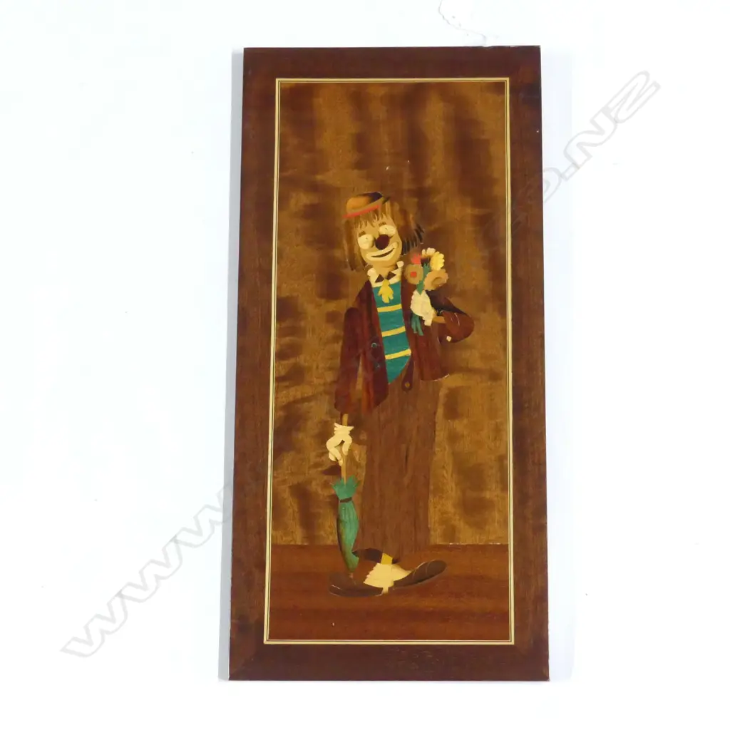 VINTAGE MARQUETRY INLAID WOODEN CLOWN WALL HANGING C 1960'S 230 X 480MM Image 1++