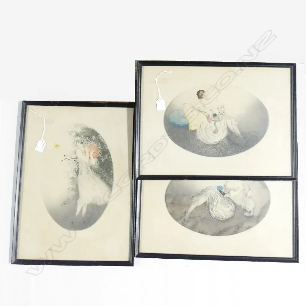 3 SIGNED 1920s ETCHINGS OF WOMEN, MANNER OF LOUIS ICART, oval (SOME FOXING) Image 1++