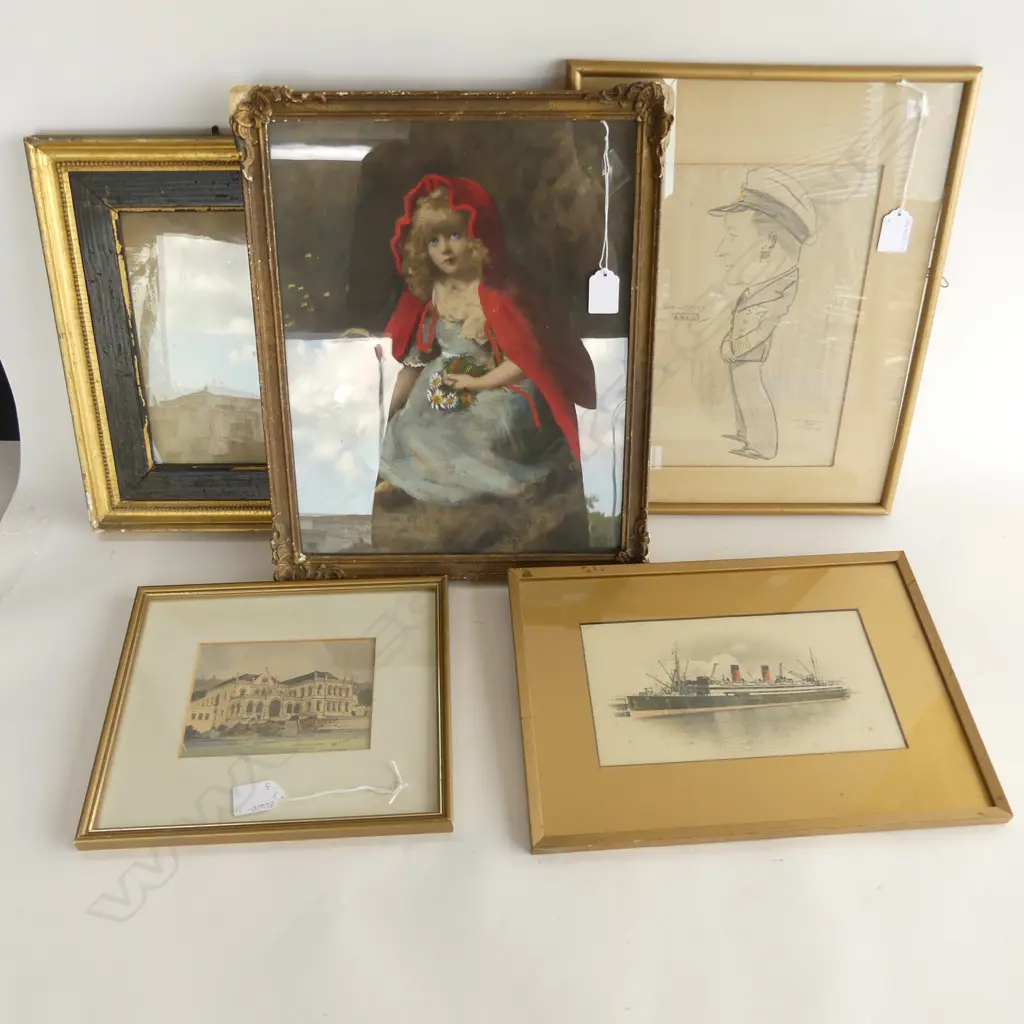 5 FRAMED ART WORKS; ANTIQUE LITHOGRAPH, SKETCH C1946 + 3 OTHER Image 1++