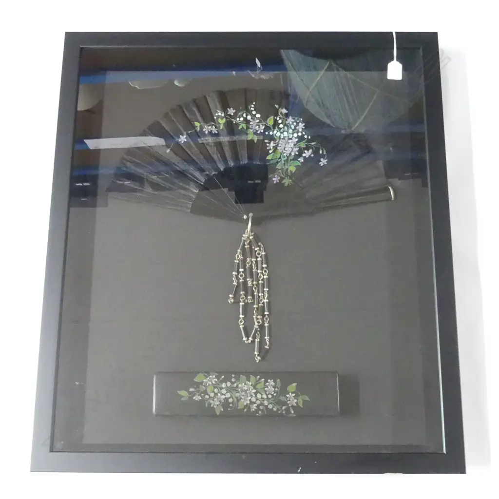 LATE 19thC FAN AND FAN BOX PRESENTED IN BLACK DISPLAY FRAME, OVERALL 780 X 690mm Image 1++