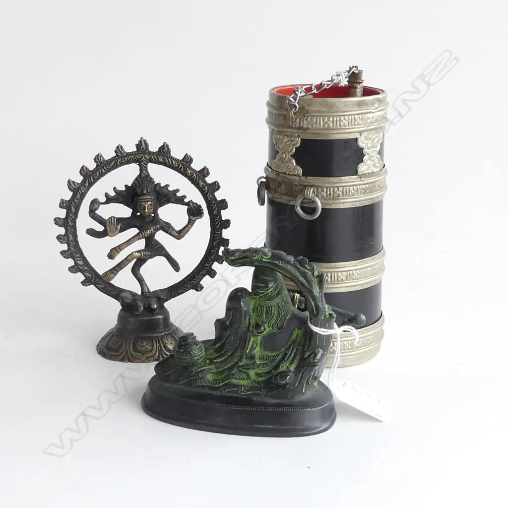 2 METAL INDIAN ORNAMENTS + VINTAGE ORIENTAL WOODEN THERMOS H.165mm photo correct... Image 1++