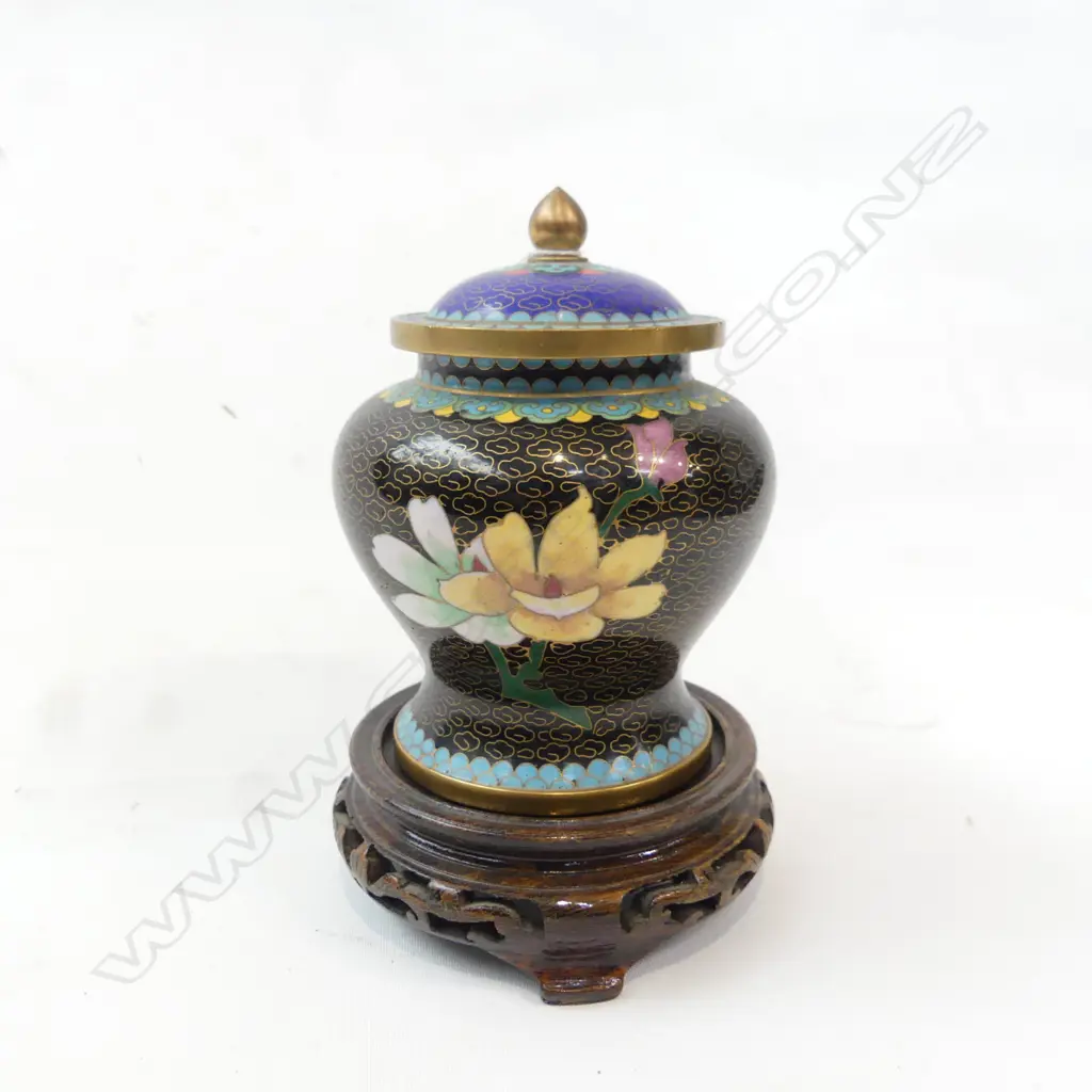 CHINESE LIDDED CLOISONNE BALUSTER JAR ON STAND H.160mm Image 1++
