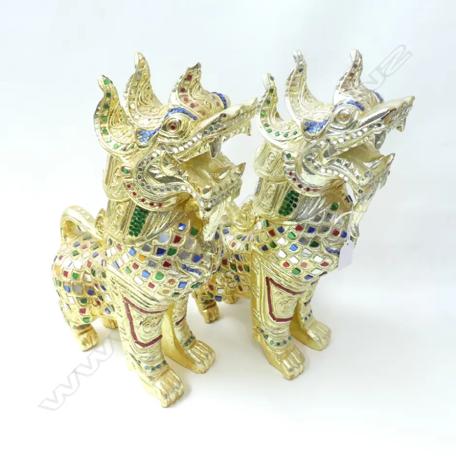 PR CARVED WOODEN GILDED INDONESIAN TEMPLE DOGS H.410mm Image 1++