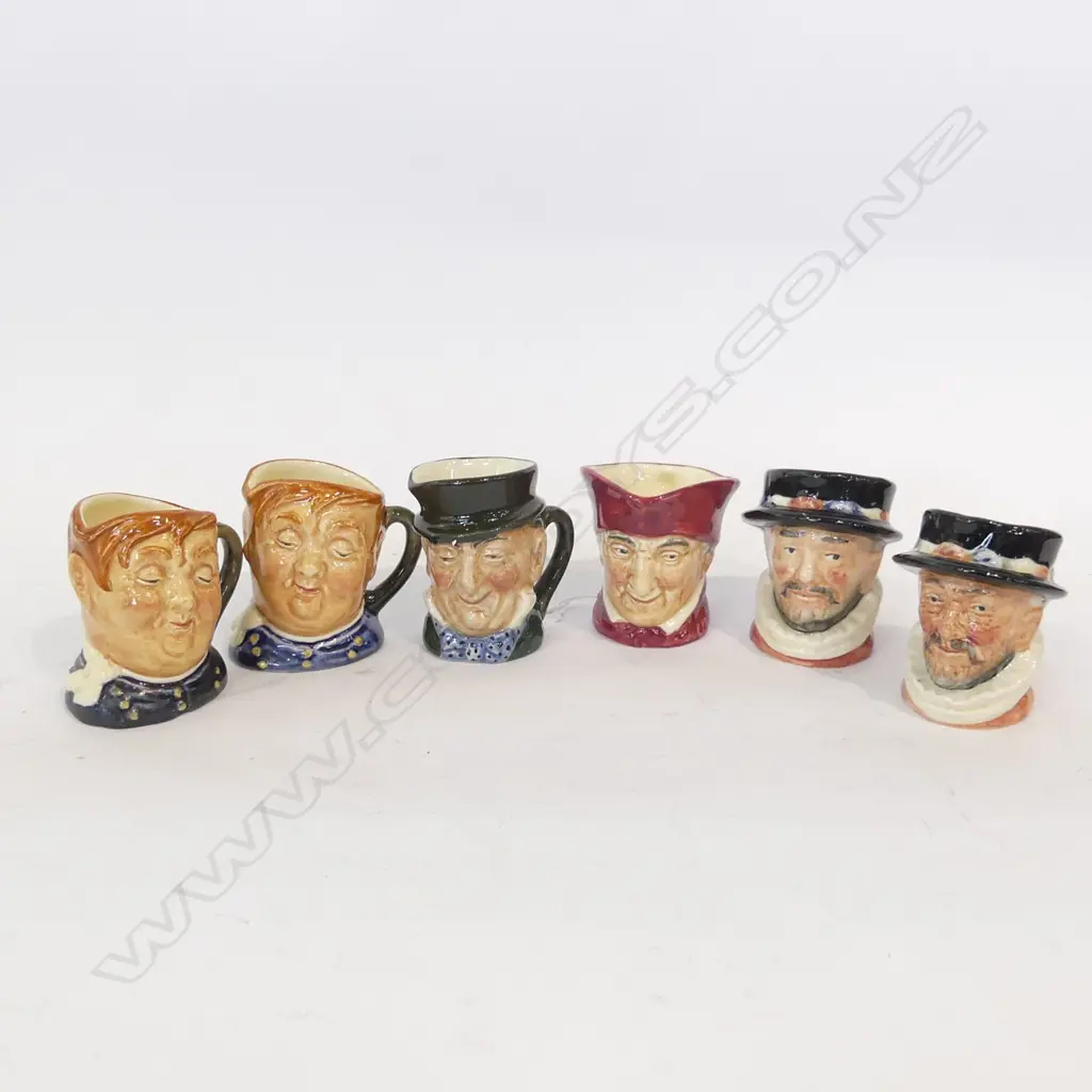 6 ASST ROYAL DOULTON MINIATURE CHARACTER JUGS AVG H. 40MM Image 1++