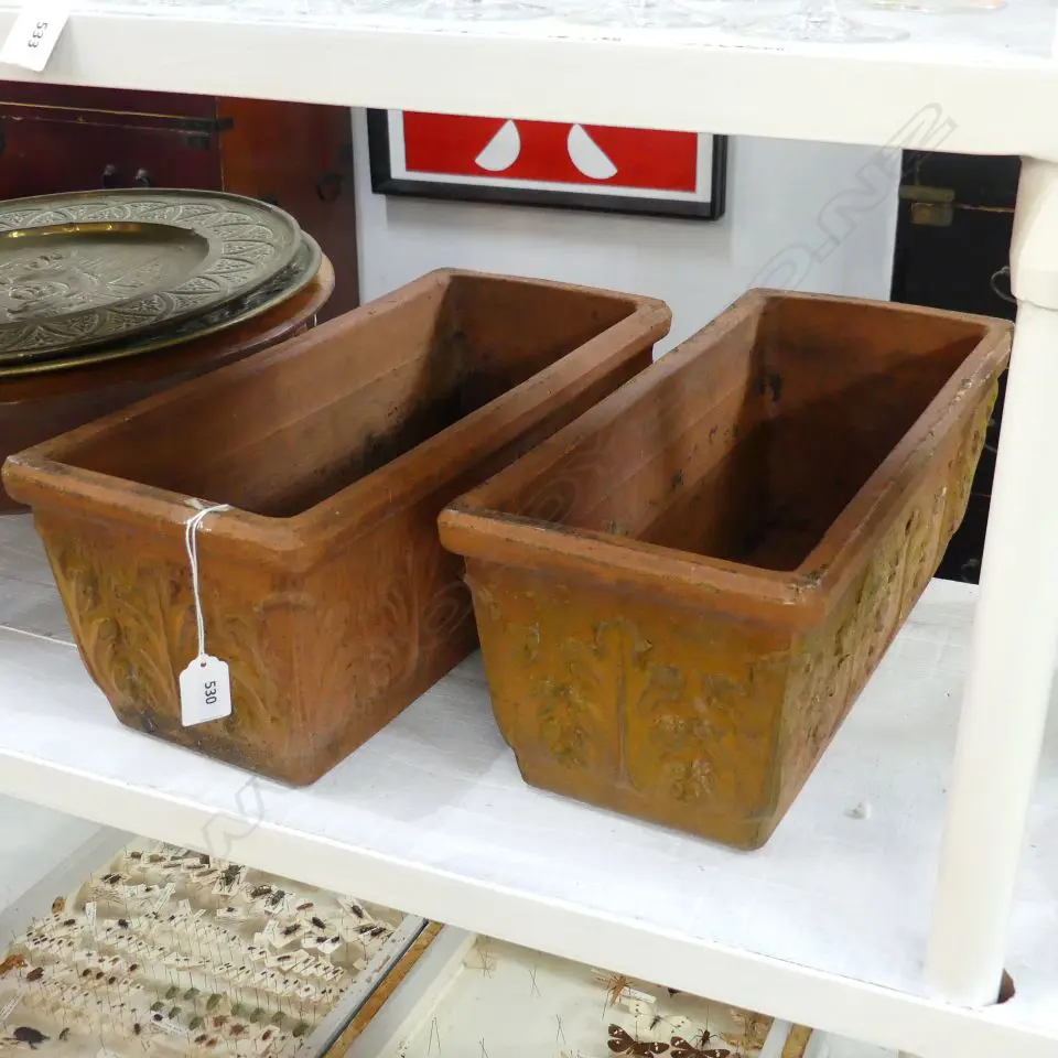 TWO ITALIAN TERRACOTTA PLANTERS 'FLEUR DE LIS' PATTERN L 425MM Image 1++