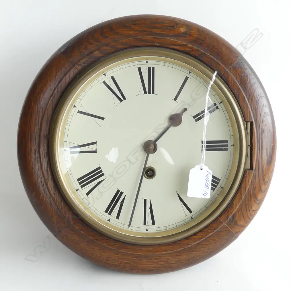 C1900 OAK CASE SCHOOL TYPE WALL CLOCK D.290mm. W pendulum & key Image 1++