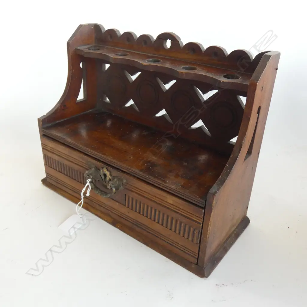 OLD WOODEN PIPE STAND w DRAWER. W.300mm Image 1++