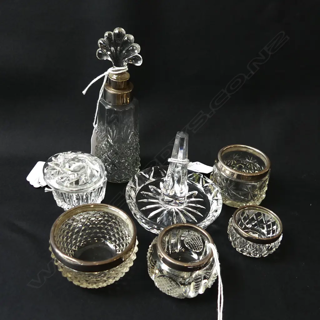 CUT GLASS; 4 SM STG SILVER RIMMED TRINKET CONTAINERS + ART DECO STG SILVER RIMMED SCENT BOTTLE + RING HOLDER & SM BOX Image 1++