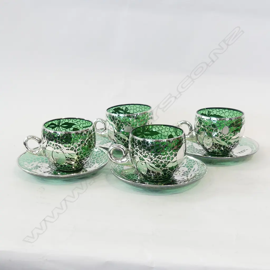 SET 4 AGENTO VENETIAN GREEN GLASS & SILVER OVERLAY CUPS & SAUCERS Image 1++