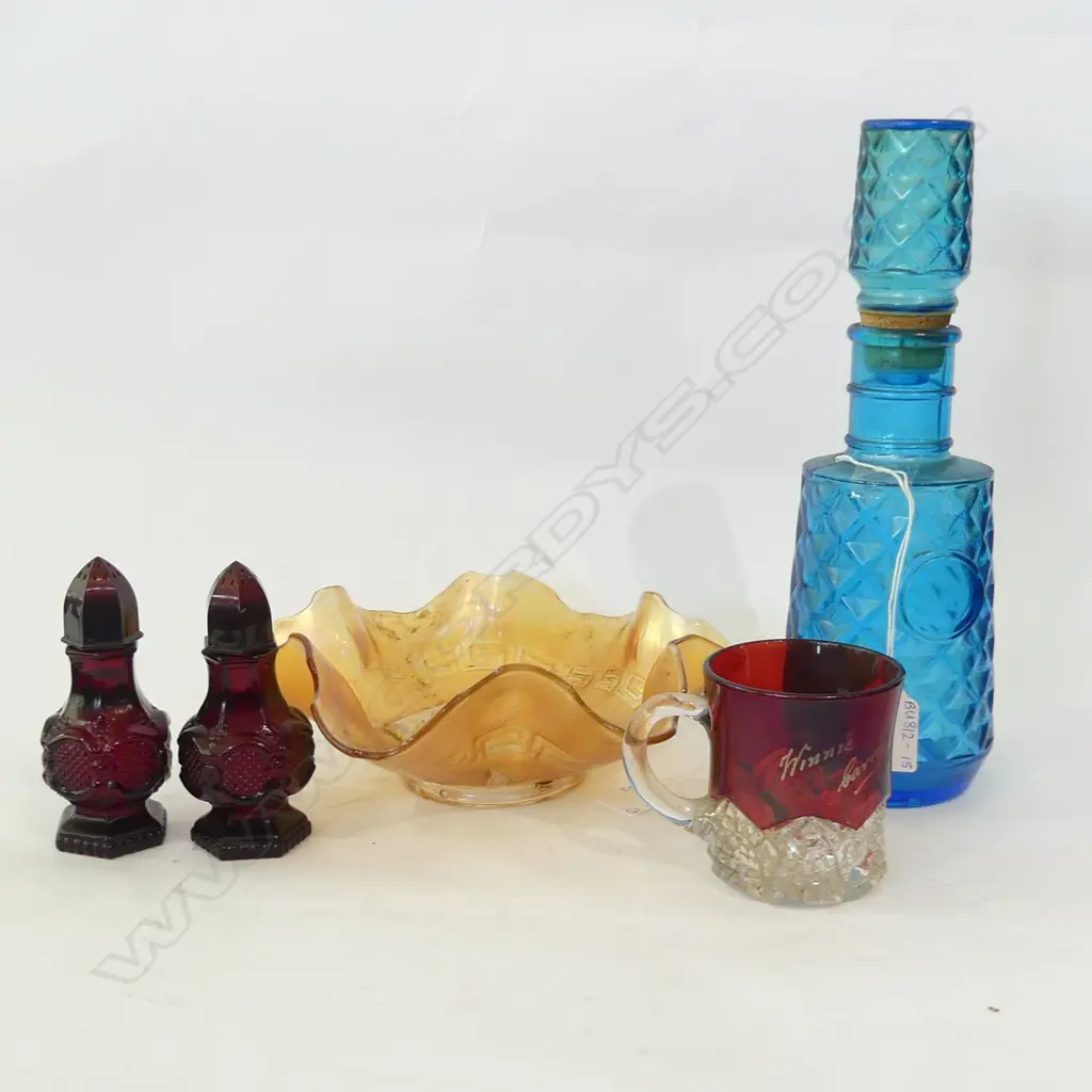 VINTAGE COLOURED GLASS; CARNIVAL HORSE DISH (DIA  220MM) BELGIAN BLUE DECANTER, CRANBERRY S&P & RUBY CUP Image 1++