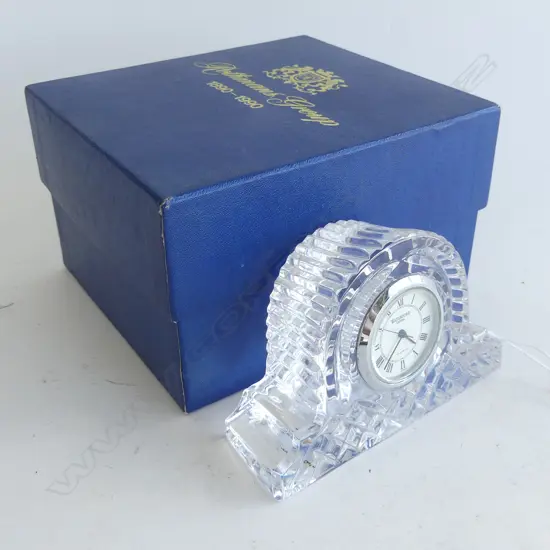 WATERFORD CRYSTAL SM MANTLE CLOCK 100 X 67MM - ENGRAVED TO BASE 'ROTHMANS GROUP 1890 - 1990 - WITH ORIGINAL BOX