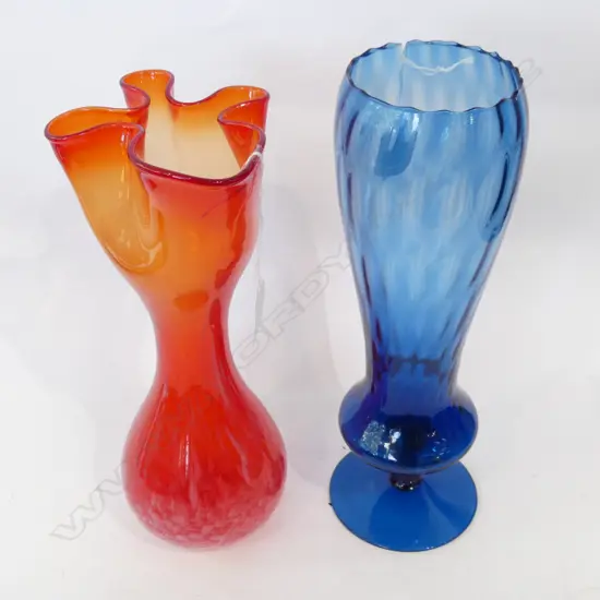TWO  OLD TALL COLOURED GLASS VASES - BLUE STEMMED (H. 320MM) & ORANGE / RED  (H. 300MM)