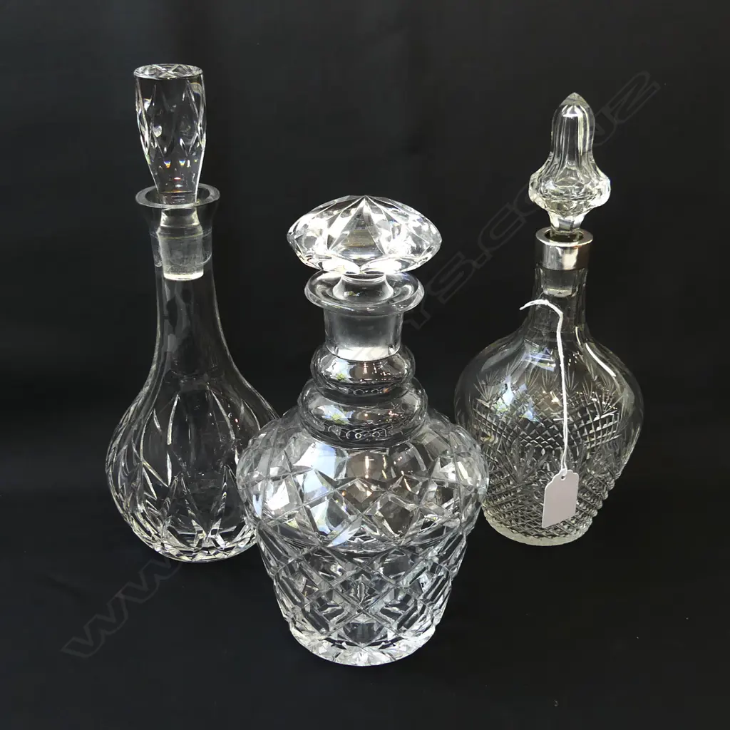 3 ASST CUT GLASS DECANTERS, ONE WITH 830 SILVER NECK BY MARIUS HAMMER H 270, 260 & 280MM Image 1++