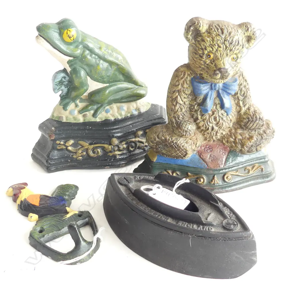 2 PAINTED CAST IRON DOOR STOPS; TEDDY & FROG H.180mm + ROOSTER HOOK & OLD IRON Image 1++