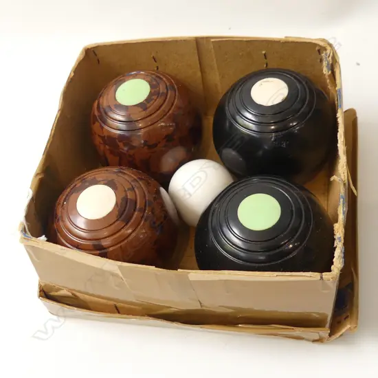 5 PCE MINIATURE BOWLS SET; 4 BOWLS & ONE JACK, IN ORIGINAL BOX (BOX HAS DAMAGE)