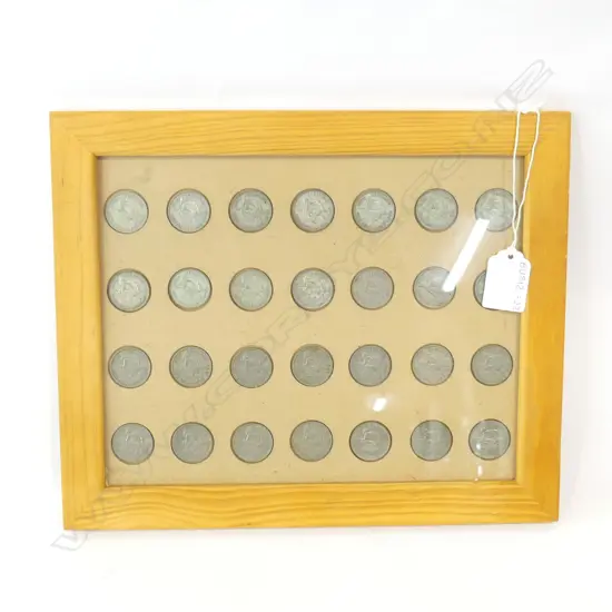 FRAMED SET 32 NZ ONE SHILLING COINS DATING 1933 - 1967