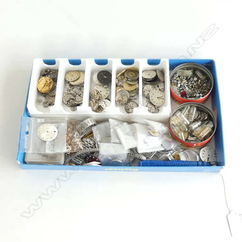 TRAY OF ASST. WATCH PARTS; FACES, MOVEMENTS, CASES ETC Image 1++