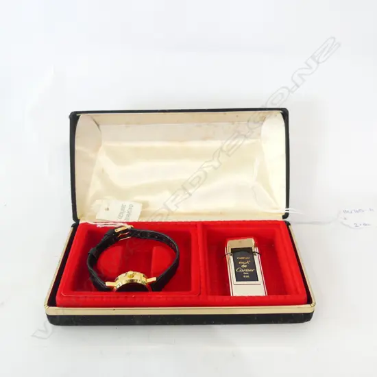 LADIES CARTIER WATCH (NOT WORKING) IN ORIGINAL BOX WITH CARTIER PERFUME