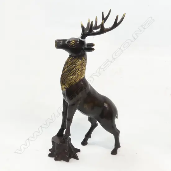 BRONZE STANDING STAG W TREE TRUNK POLISHED SECTIONS H.385mm