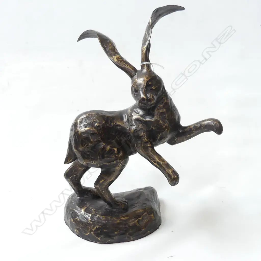 BRONZE STANDING HARE ON OVAL PEDESTAL BASE H.395mm Image 1++