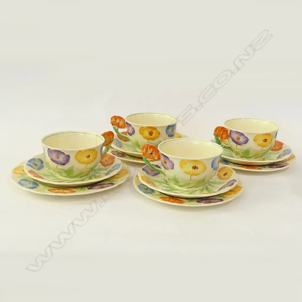 FOUR MULTI-COLOURED GRINDLEY TRIOS, CRACK TO RIM OF ONE CUP Image 1++