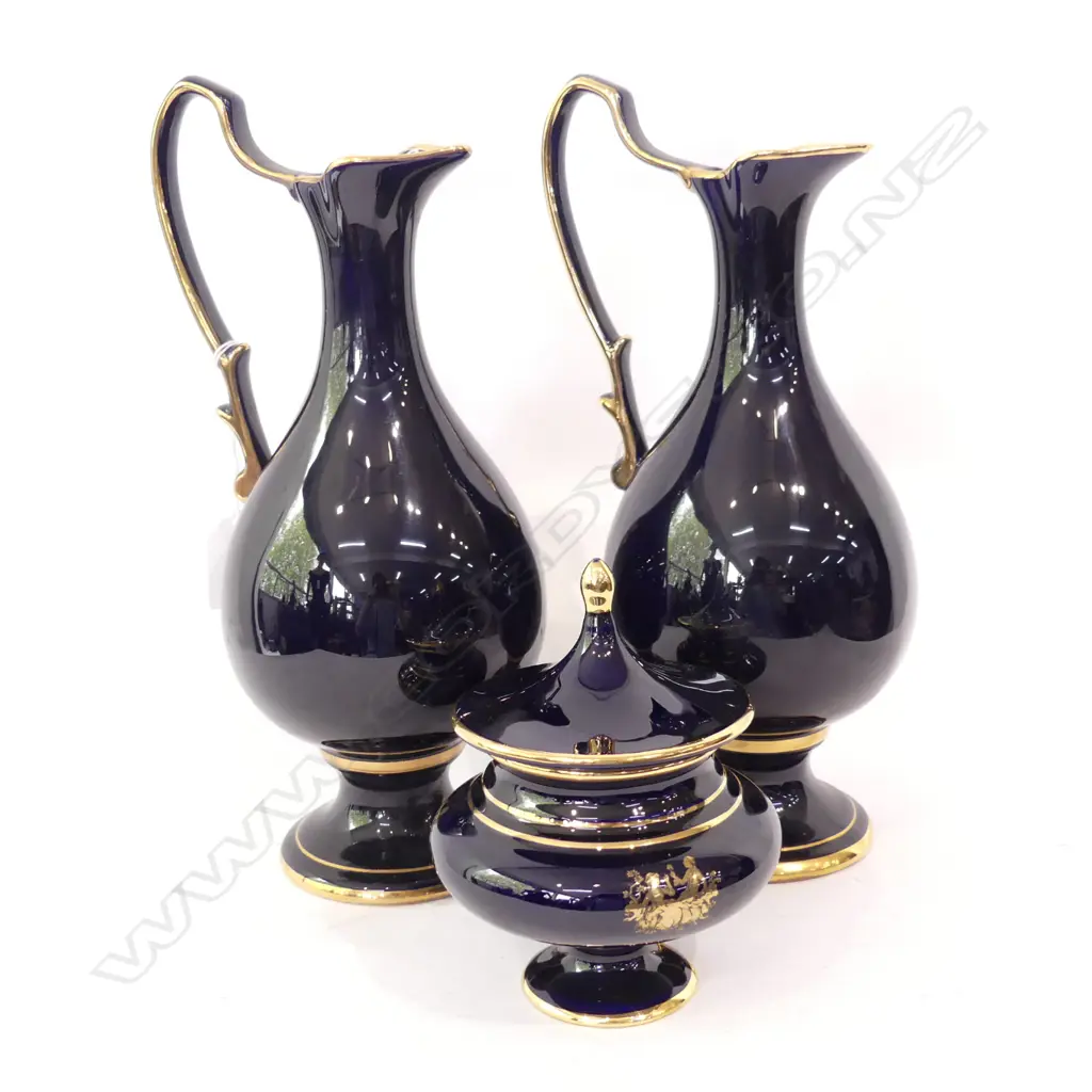 PR LIMOGES COBALT & GOLD EWERS (H 275MM) + LIDDED DISH (DIA  100MM) Image 1++