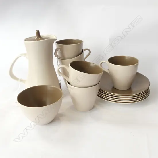 POOLE TWINTONE, SEPIA & MUSHROOM COFFEE SET; COFFEE POT, 6 C&S'S & SUGAR BOWL