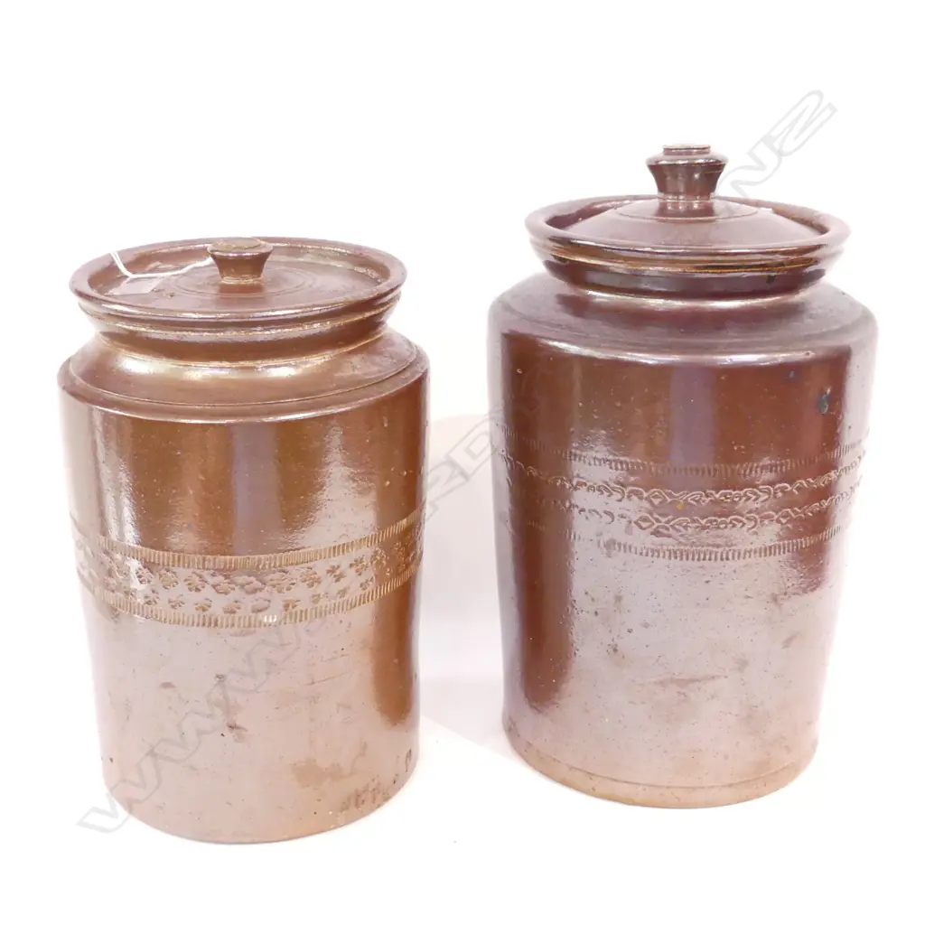 2 SALT GLAZED LIDDED CONTAINERS H.225 / 270mm (one chipped at base) Image 1++