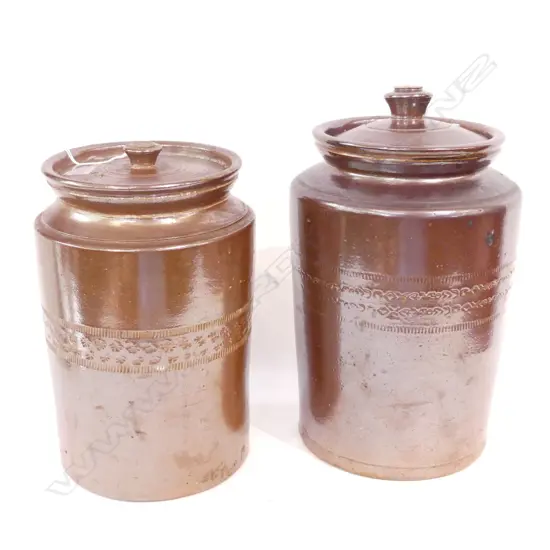 2 SALT GLAZED LIDDED CONTAINERS H.225 / 270mm (one chipped at base)