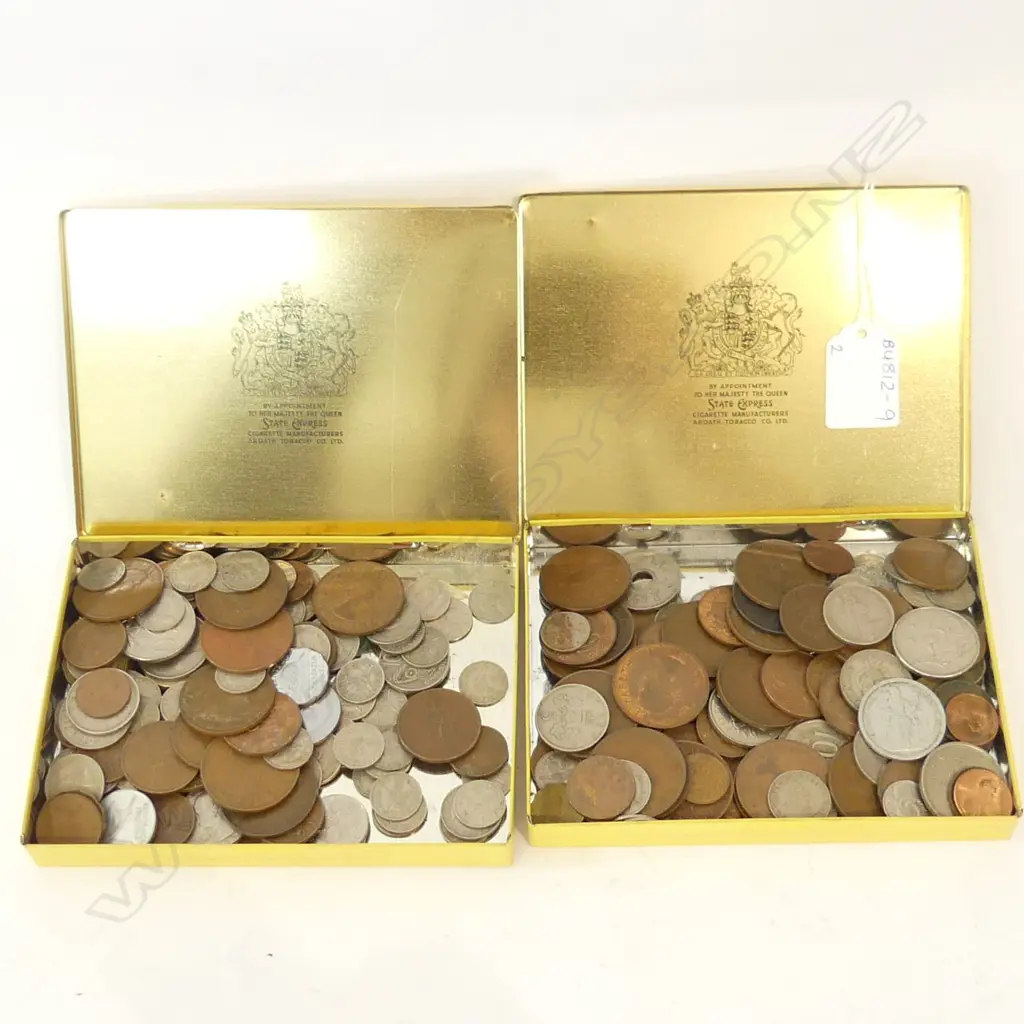 2 CIGARETTE TINS OLD WORLD COINS Image 1++