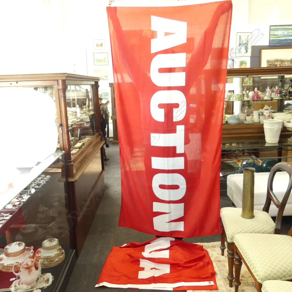 2 LARGE RED & WHITE AUCTION FLAGS; ONE SILK & ONE COTTON Image 1++