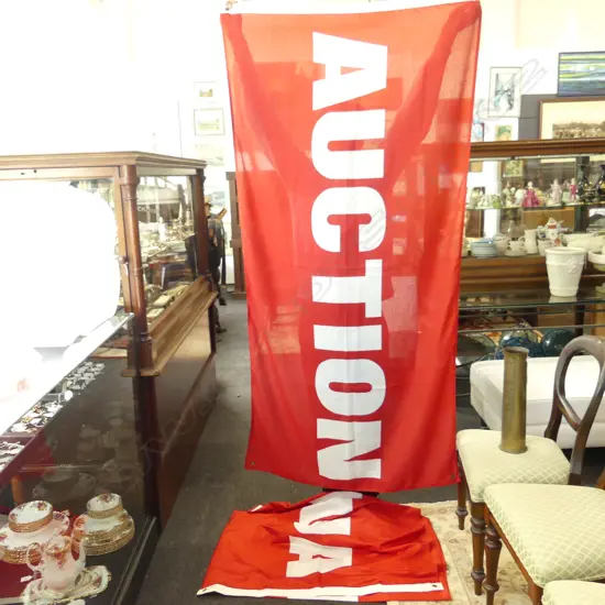 2 LARGE RED & WHITE AUCTION FLAGS; ONE SILK & ONE COTTON