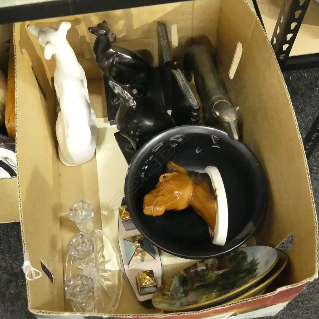 BOX LOT PLANTER, EQUINE WALL PLAQUE, GREYHOUND BOOKENDS, CONDIMENT SET, GREYHOUNDS, DECORATIVE ENGLISH PLATES ETC Image 1++