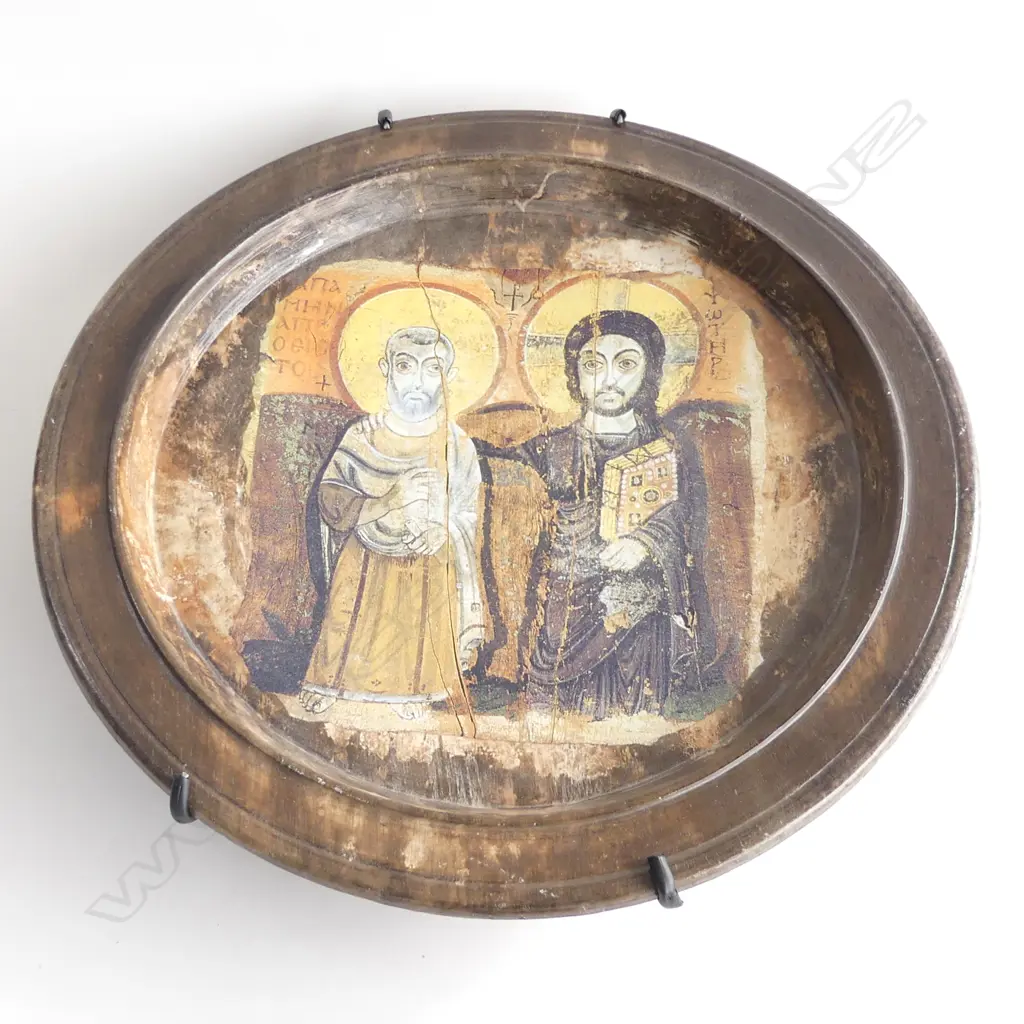 WOODEN PLATE w. EASTERN EUROPEAN RELIGIOUS FIGURES 400mm dia Image 1++