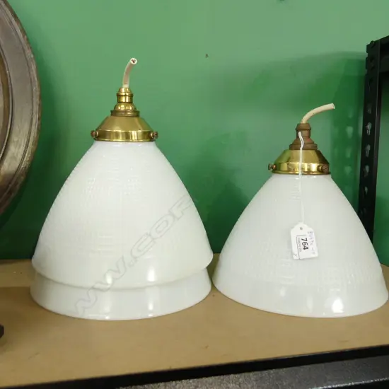 THREE VINTAGE MILK GLASS LIGHT SHADES, MATCHING, H. 200mm