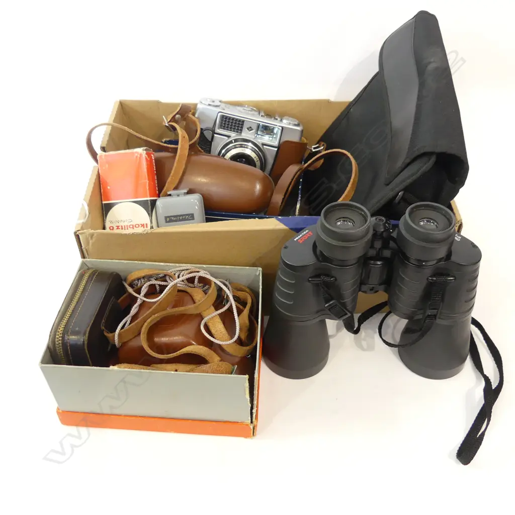 BOX ASST VINTAGE CAMERAS + PR BINOCULARS ETC.. Image 1++