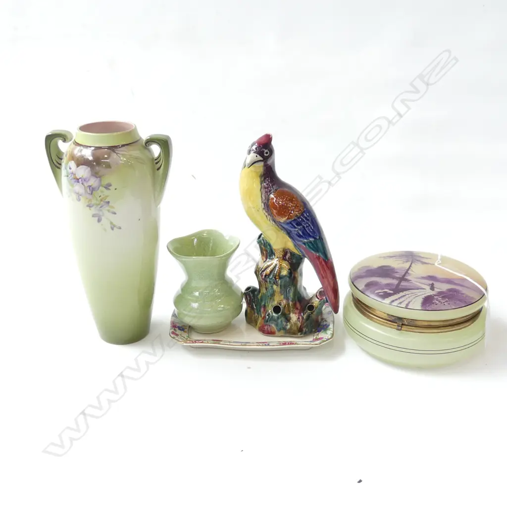 REUBENS WARE PARROT + WINTON VASE + C/LYNN VASE + GLASS LIDDED BOX +  DISH Image 1++